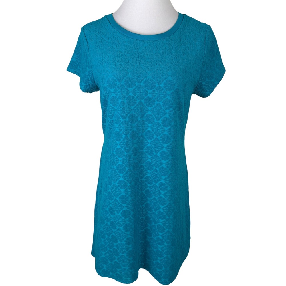 Lands' End Teal Blue Floral Jacquard T-Shirt Shift Dress Women's Small 6-8